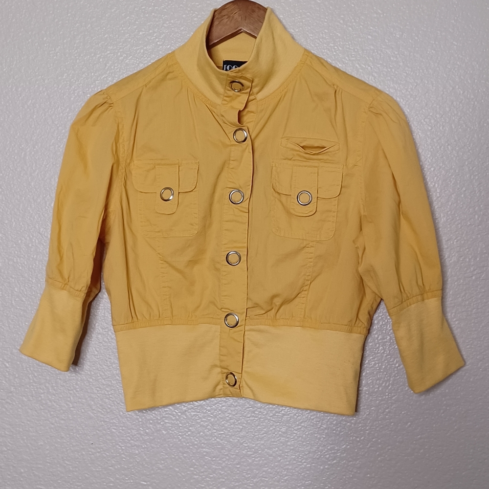 Too Hot Womens Large Yellow Snap Button Lightweight 3/4 Sleeve Utility Jacket
